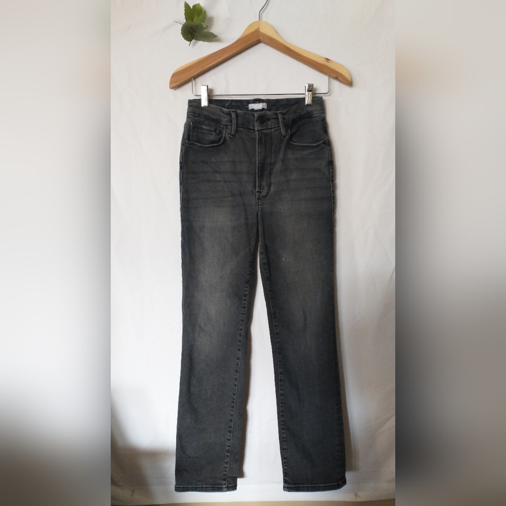 Good American High Waisted Straight Leg Stretch Black Jeans Size 6